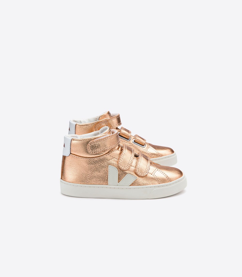 Veja Trainers Kids Gold/White - Esplar Mid Velcro Leather - IGYA-32516